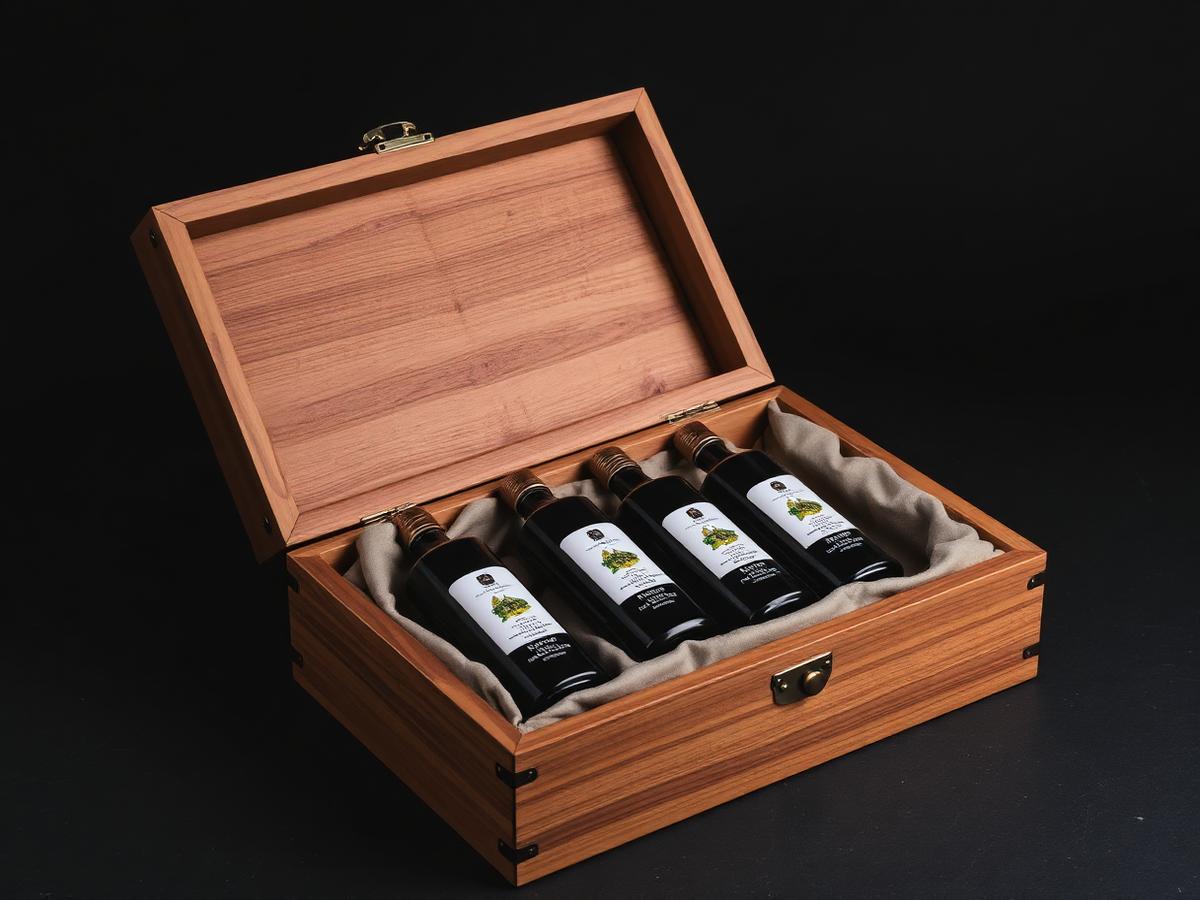 Walnut gift case lined with linen holding four olive oil bottles