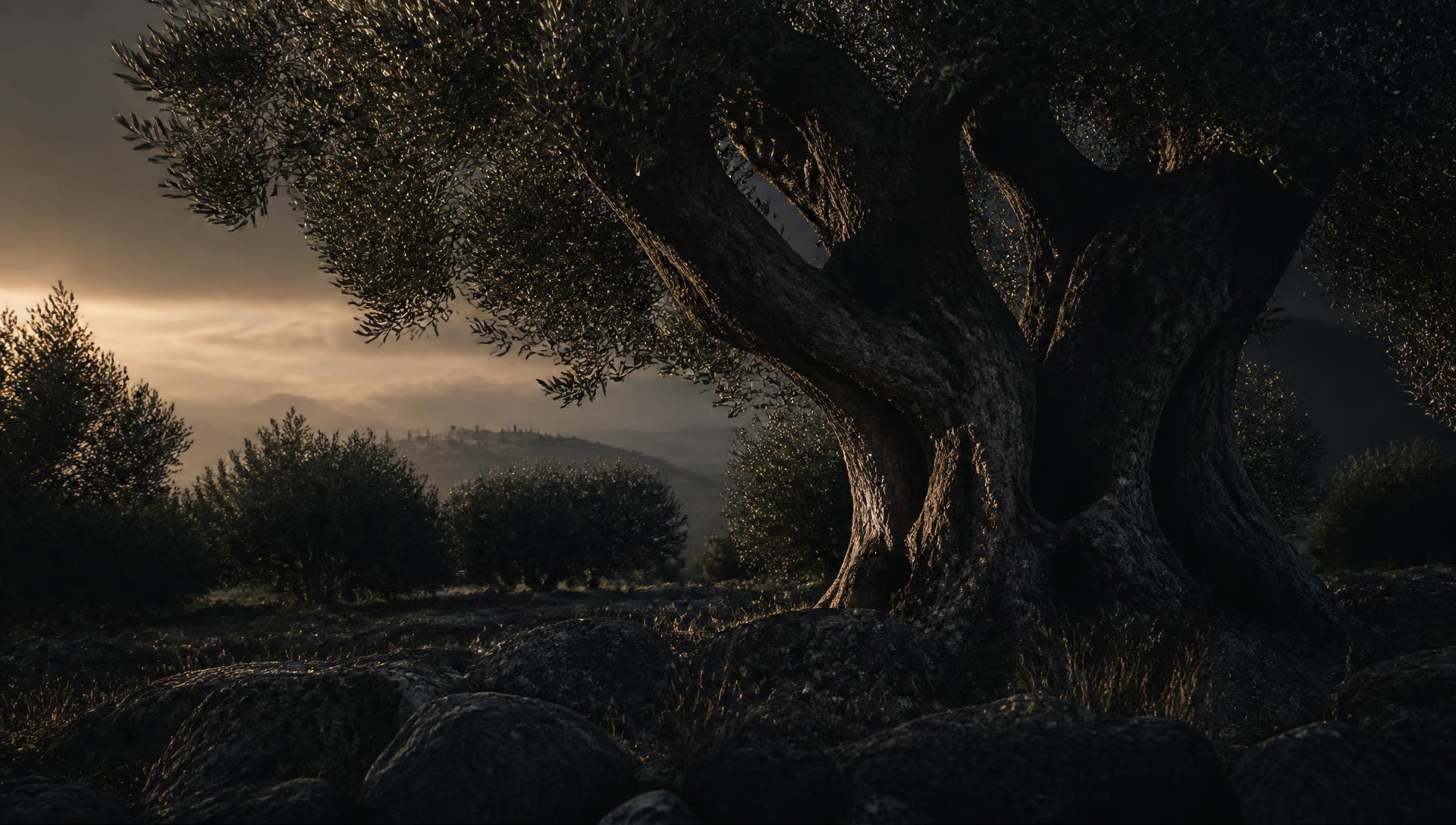 Ancient olive tree at dusk in a Mediterranean grove, bronze light through silver-green leaves